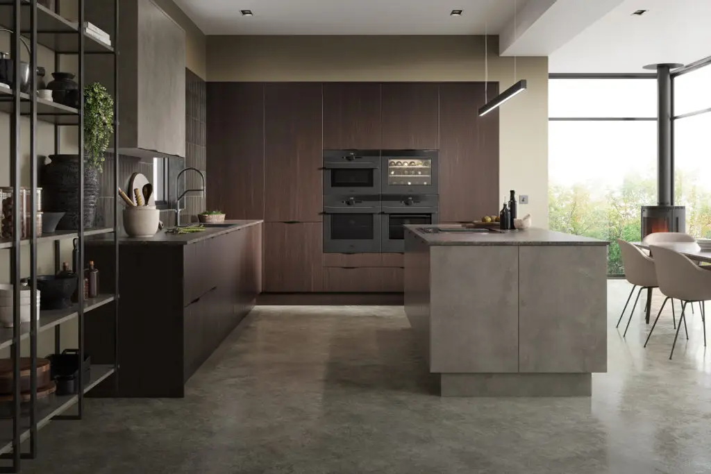 This is an image of a Mackintosh kitchen in Artstone dark with walnut to showcase the luxury kitchens AJ Group Derby have to offer