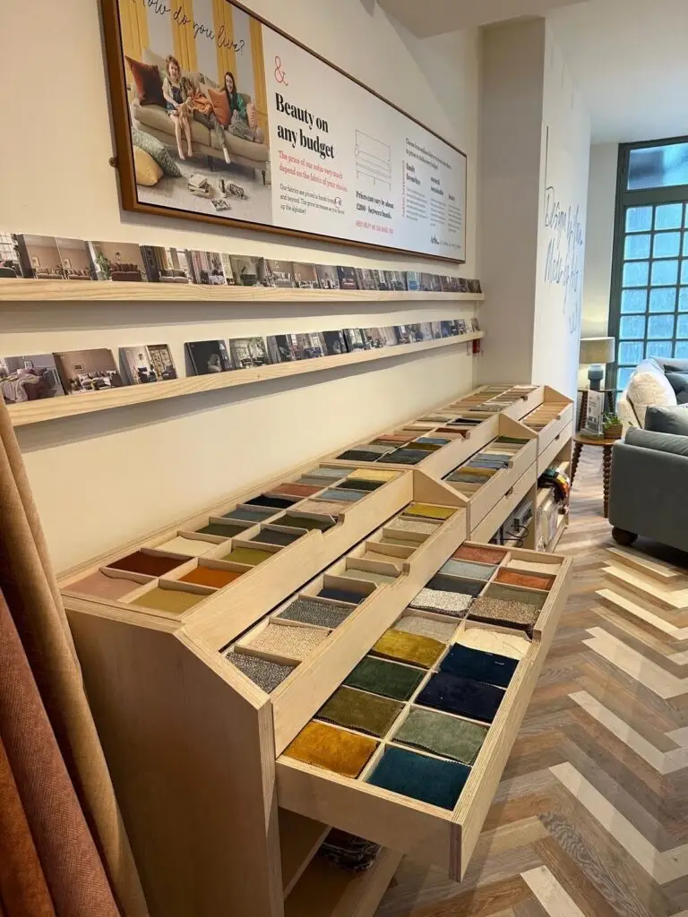 Samples of sofa fabrics for Arlo and Jacob showroom in Tunbridge Wells
