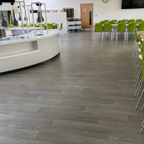 Image shows new flooring at Derby high school with the canteen counter ready to serve meals
